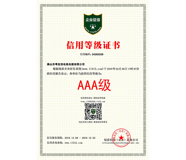 信用等級(jí)證書